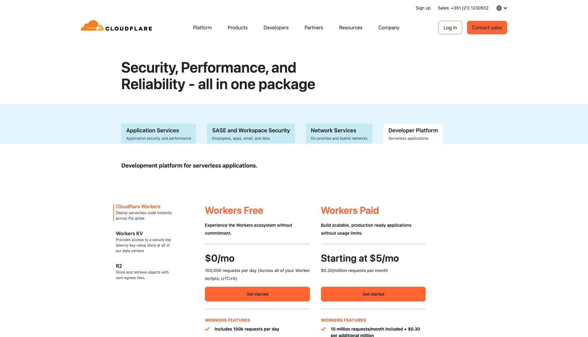 Cloudflare Workers pricing page comparing the Workers Free and Workers Paid plans