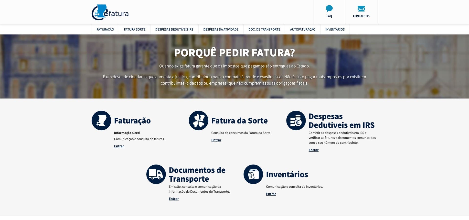 The Portuguese tax authority's e-Fatura portal, headed Porquê pedir fatura? (Why ask for an invoice?)