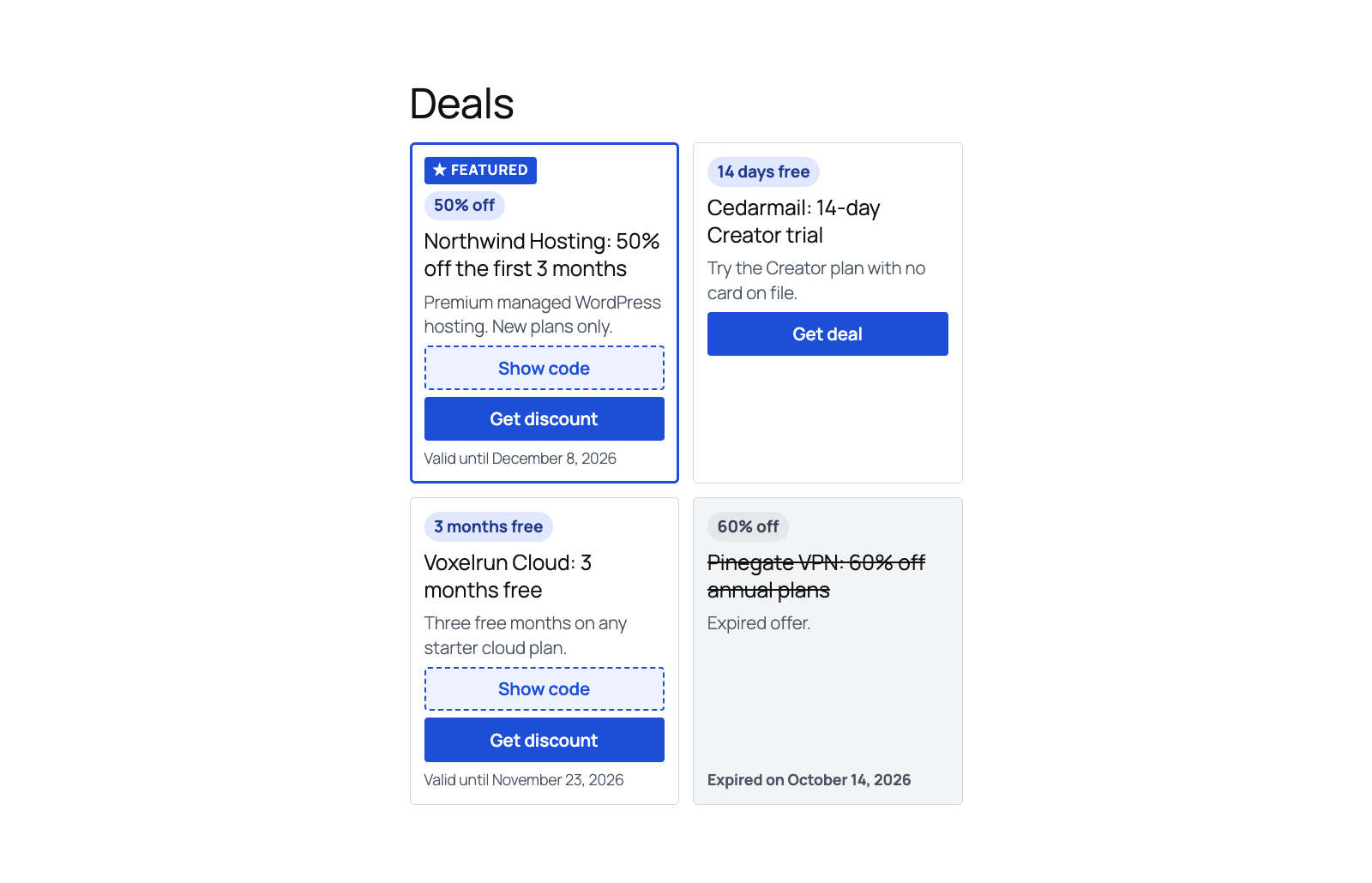 A coupons grid on the front end, filled with demo deals, with a featured card, a trial deal, a show-code button and an expired offer shown struck through