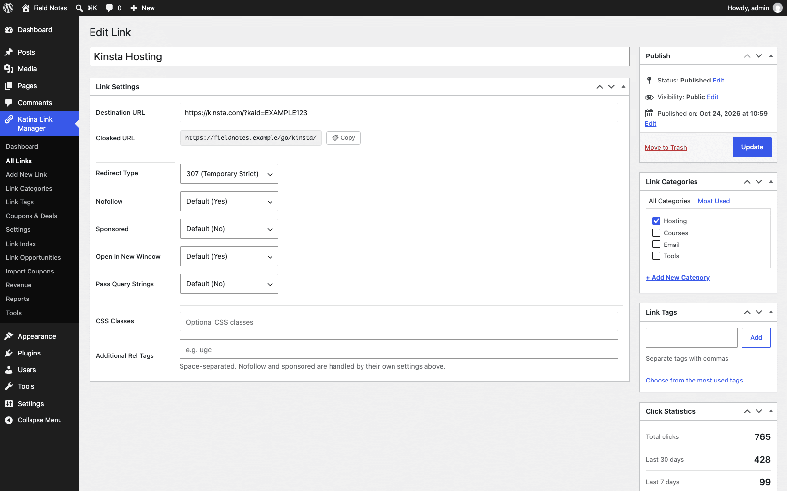 The Edit Link screen with destination URL, cloaked URL, redirect type, nofollow, sponsored and new window settings