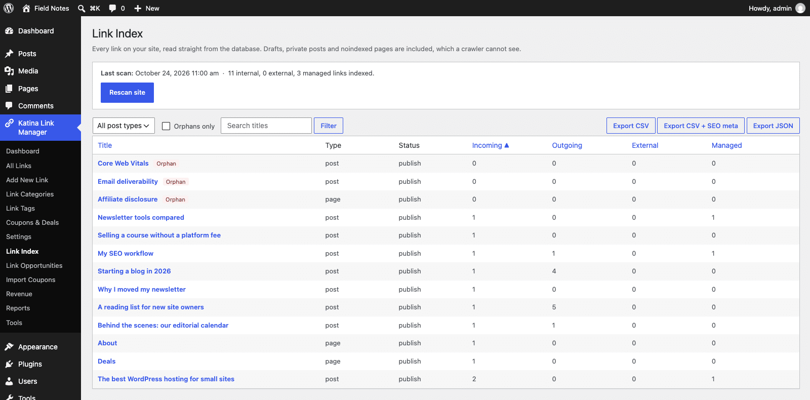 The Link Index screen listing posts and pages with incoming, outgoing, external and managed link counts and orphan flags