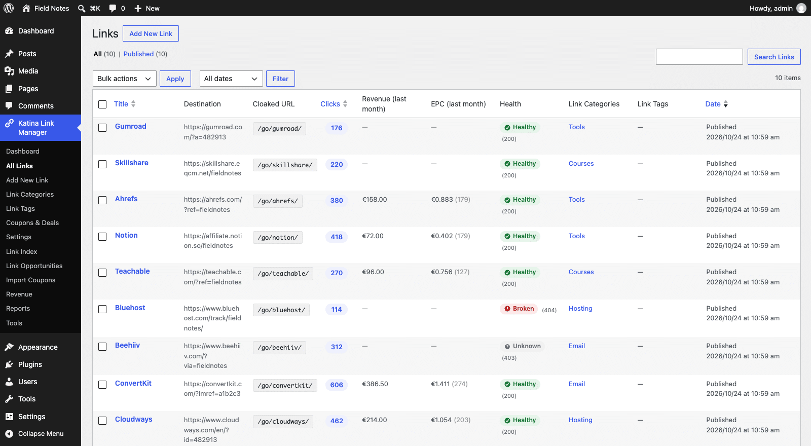 The Katina link list in the WordPress admin, showing destination, cloaked URL, clicks, revenue, health status and category for each link
