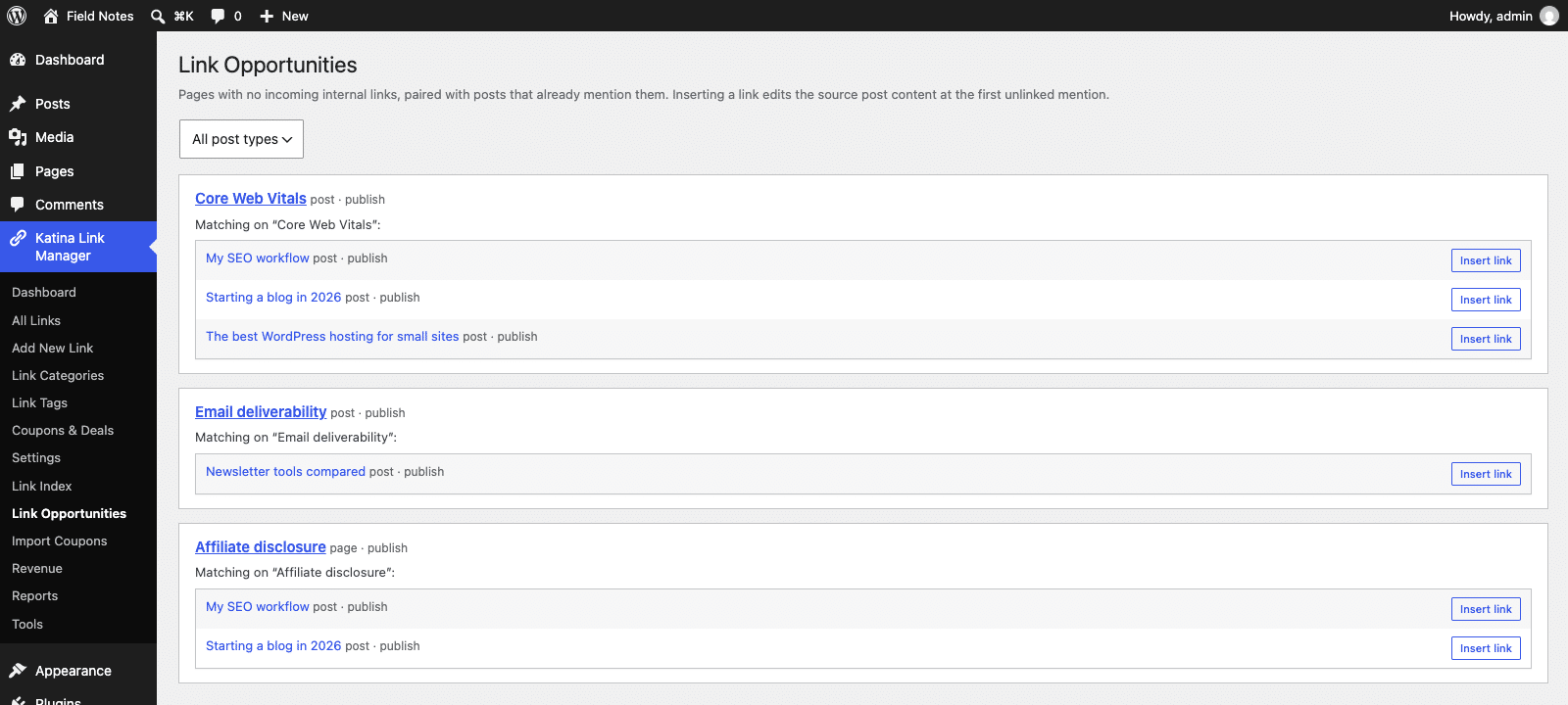 The Link Opportunities screen showing orphan pages with posts that mention them and an Insert link button on each