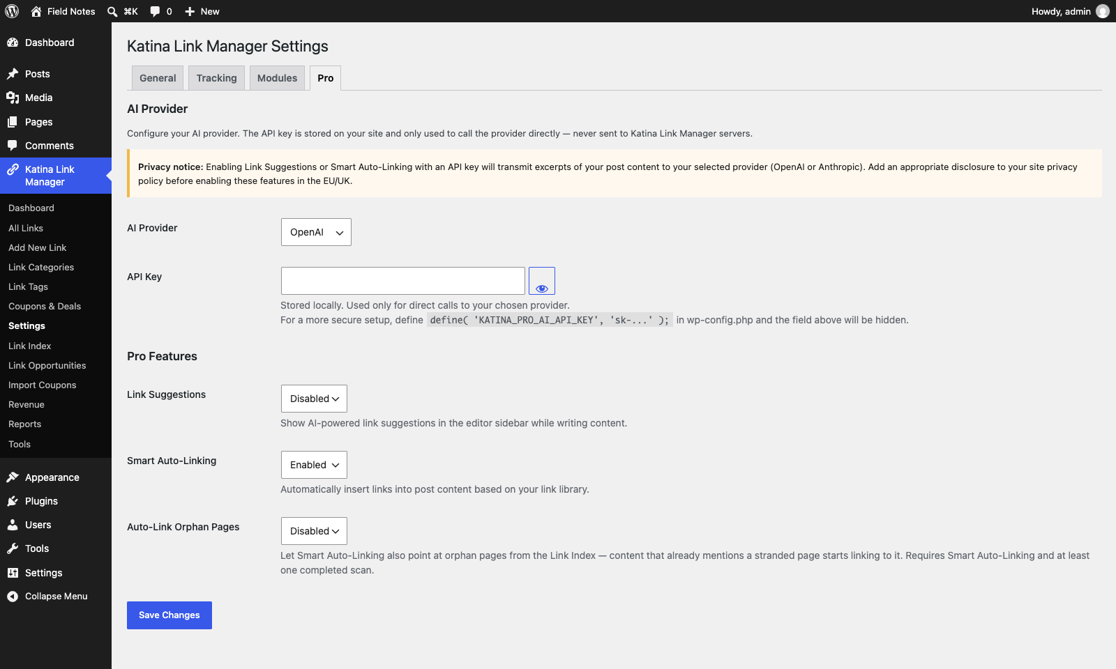 The Pro tab of Katina settings with AI provider, API key and the Link Suggestions, Smart Auto-Linking and Auto-Link Orphan Pages toggles
