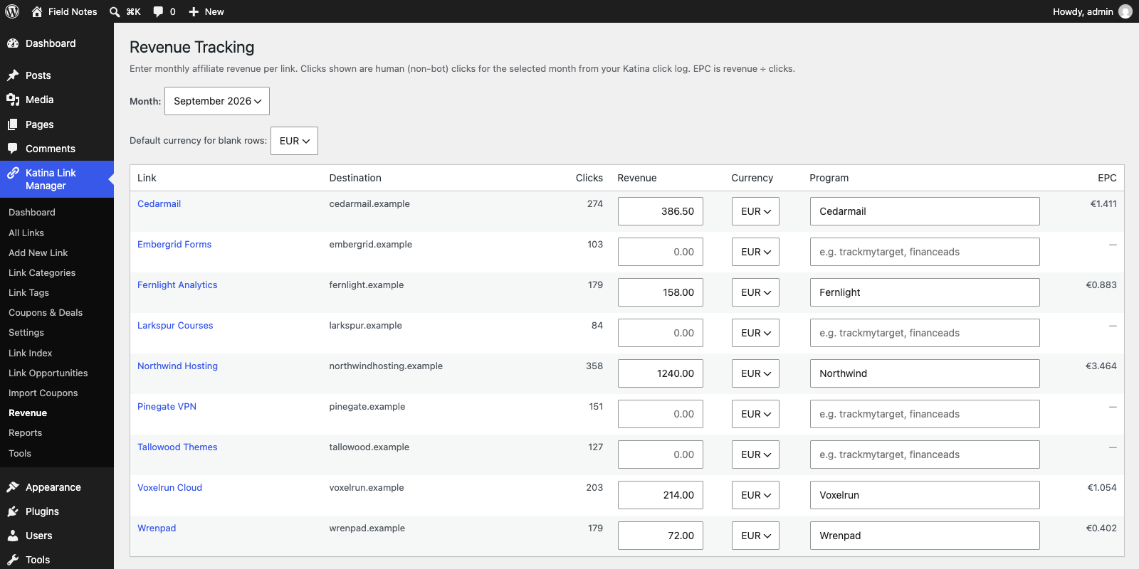 The Revenue Tracking screen, filled with demo data, with a month selector and a table of links with clicks, revenue, currency, program and EPC columns