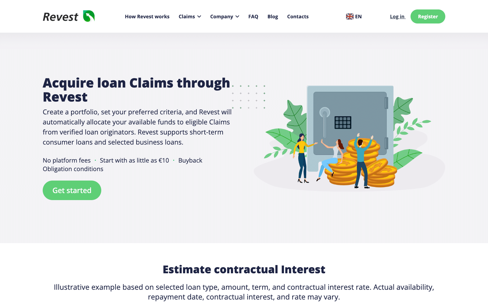 Revest homepage: acquire loan claims, no platform fees, start with as little as €10