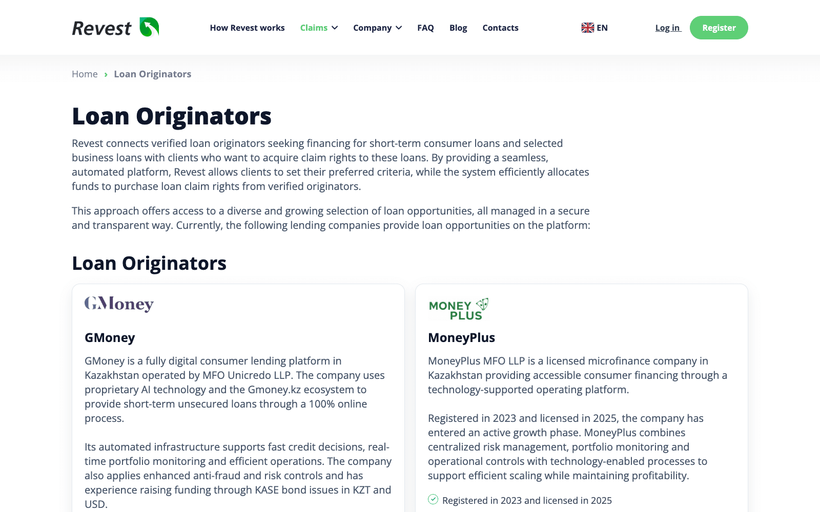 Revest loan originators: GMoney and MoneyPlus, both Kazakh microfinance companies