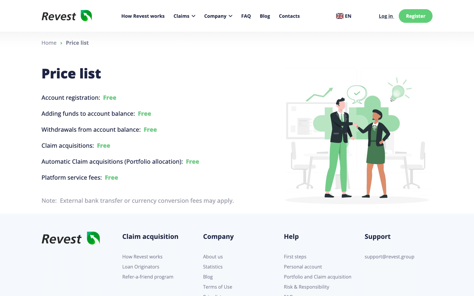 Revest price list: no fees for registration, deposits, withdrawals or claim acquisitions
