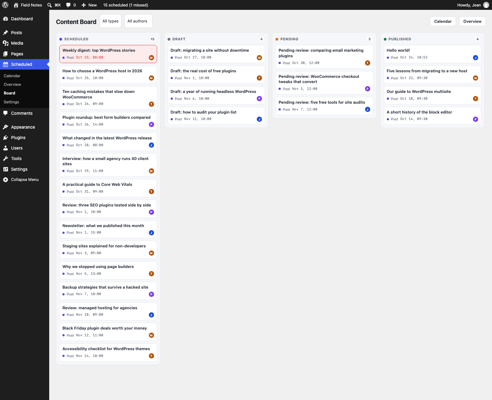 The Content Board with Scheduled, Draft, Pending and Published columns of draggable post cards, one missed post highlighted in red