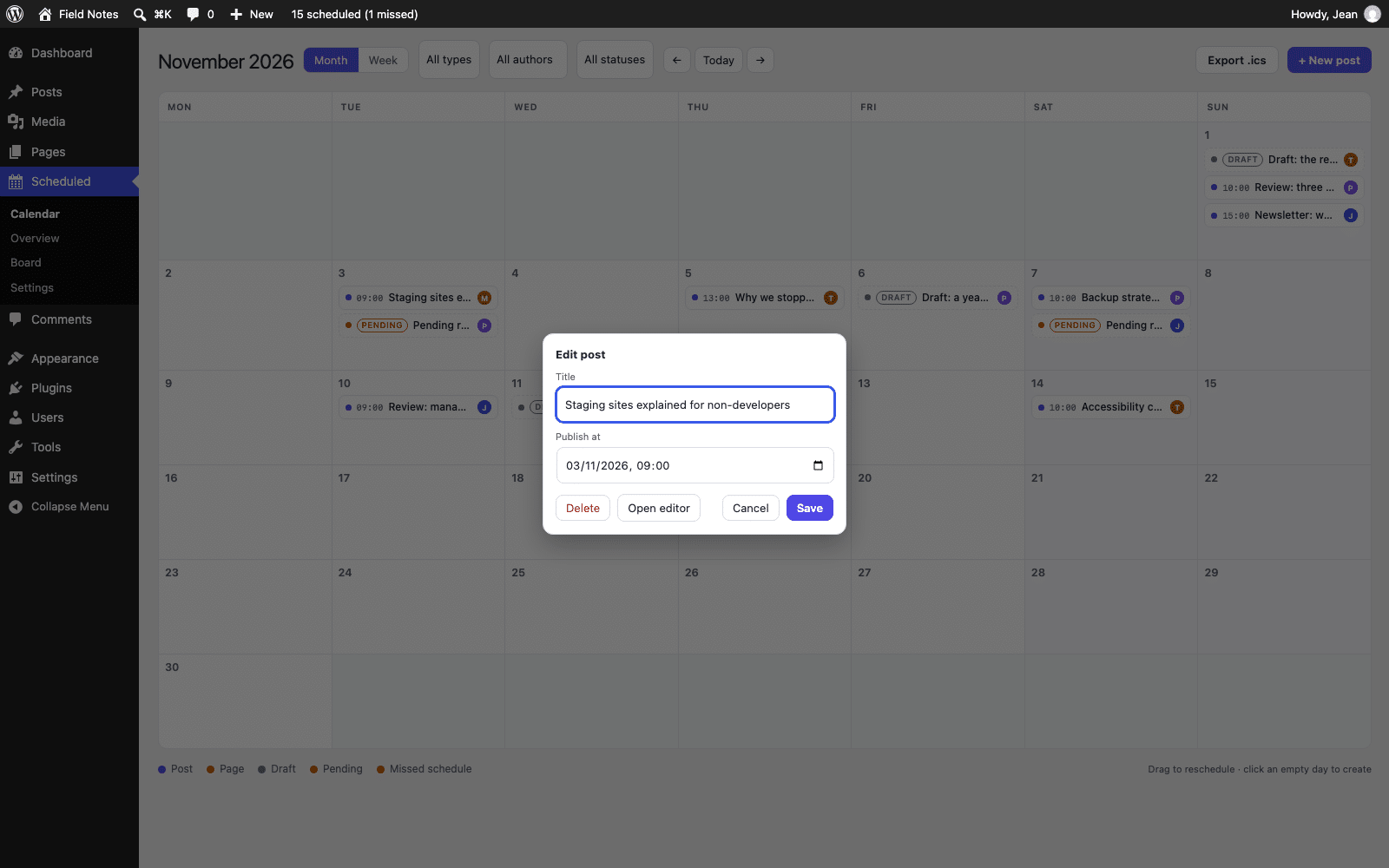 The Edit post popover on the editorial calendar with Title and Publish at fields and Delete, Open editor, Cancel and Save buttons