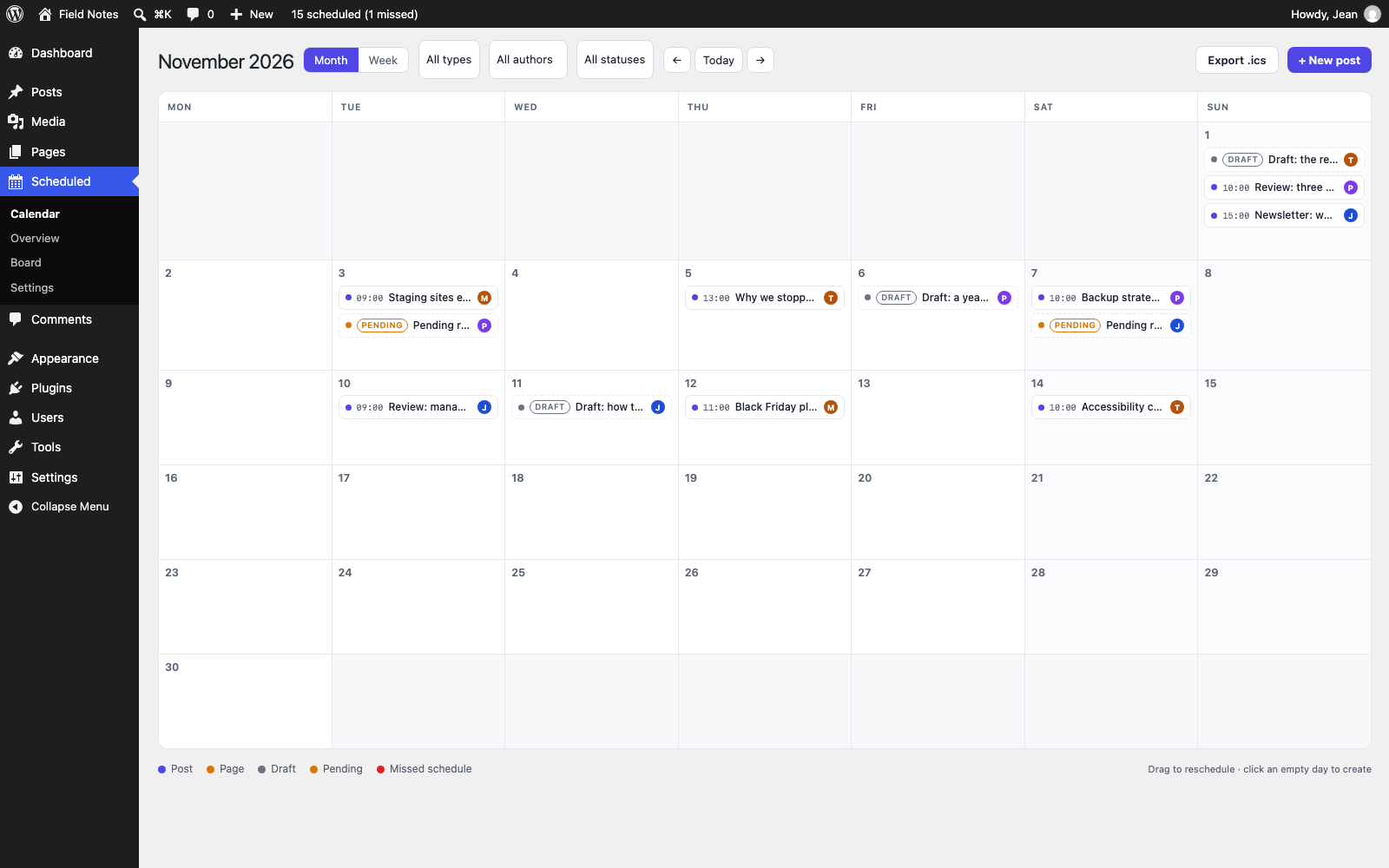 The Scheduled Content Dashboard editorial calendar showing a month of scheduled, draft and pending posts as colored chips