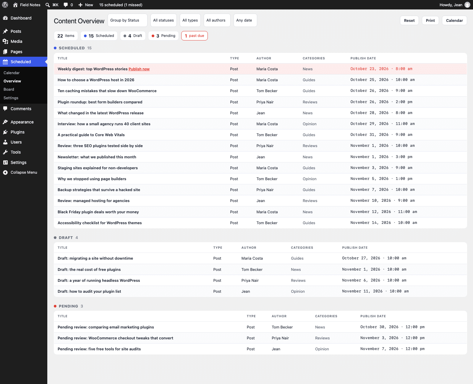 The Content Overview screen listing scheduled, draft and pending posts in grouped tables with a past-due item highlighted in red