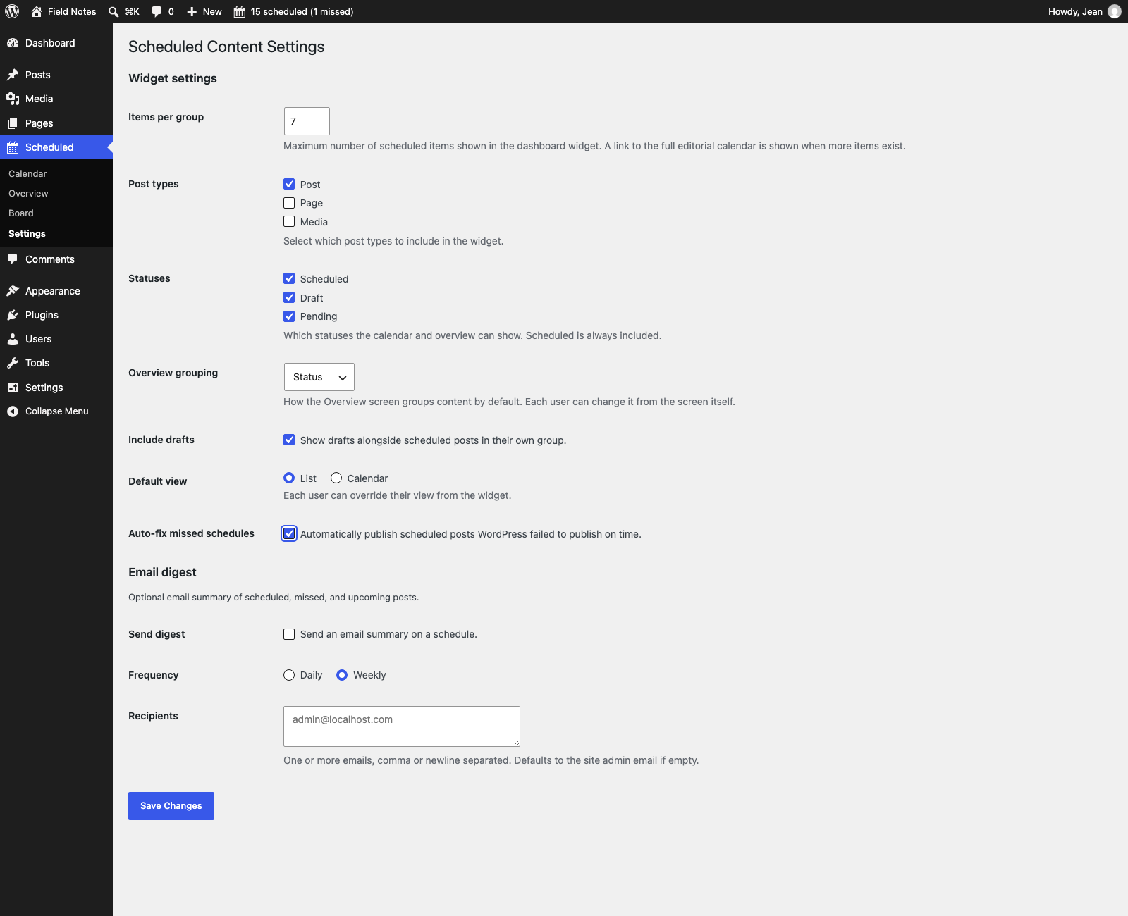 The Scheduled Content Settings screen with widget options and email digest options