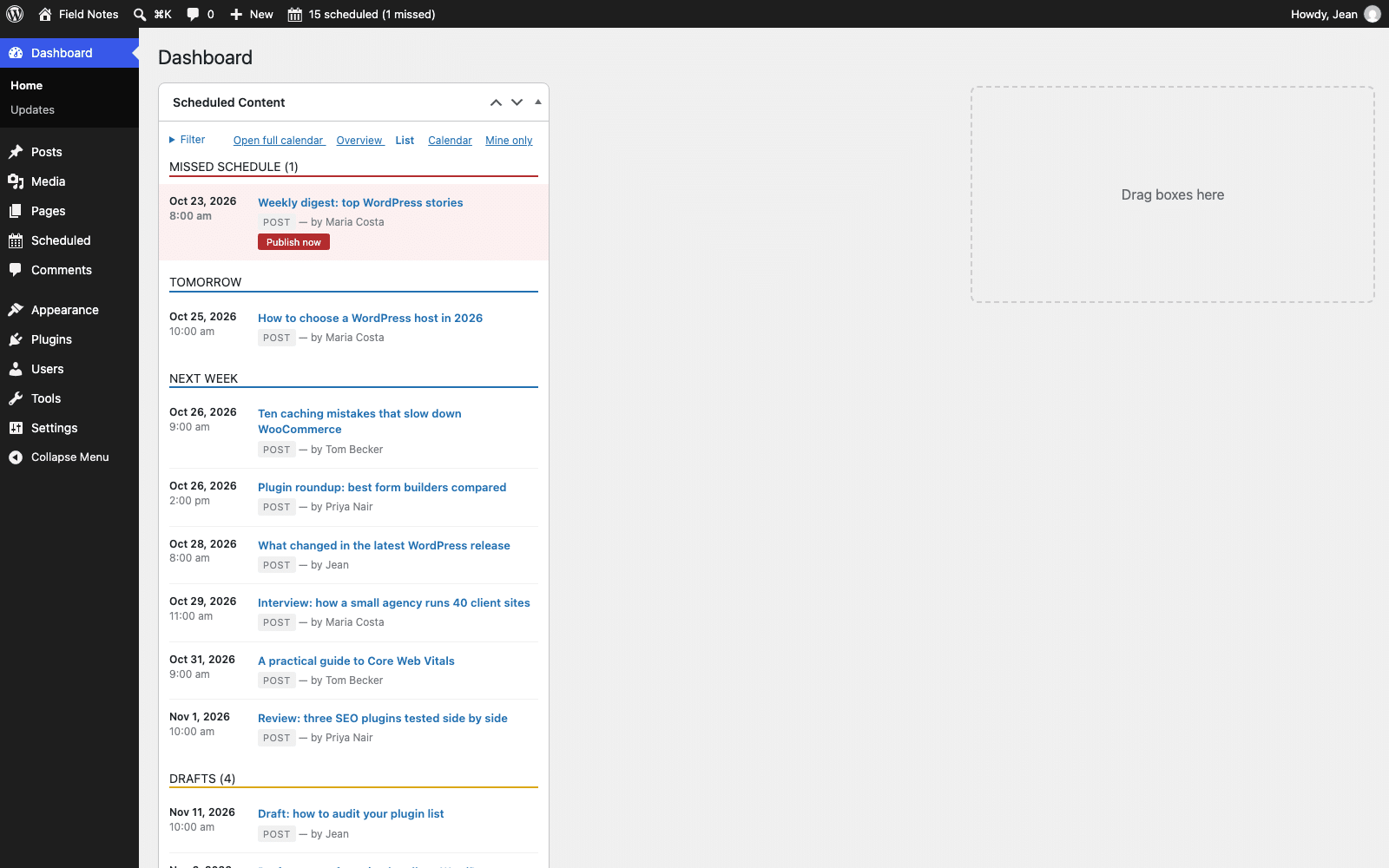 The Scheduled Content dashboard widget with a missed post, then posts grouped under Tomorrow and Next Week