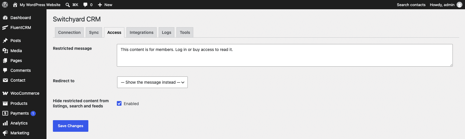 The Access tab with the restricted message, redirect page and listing filter settings
