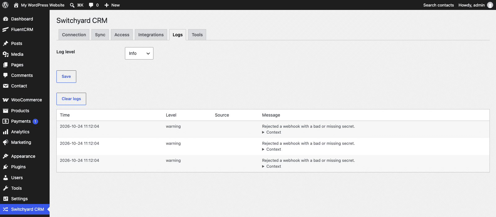 The Logs tab showing the log level setting and a table of logged warnings
