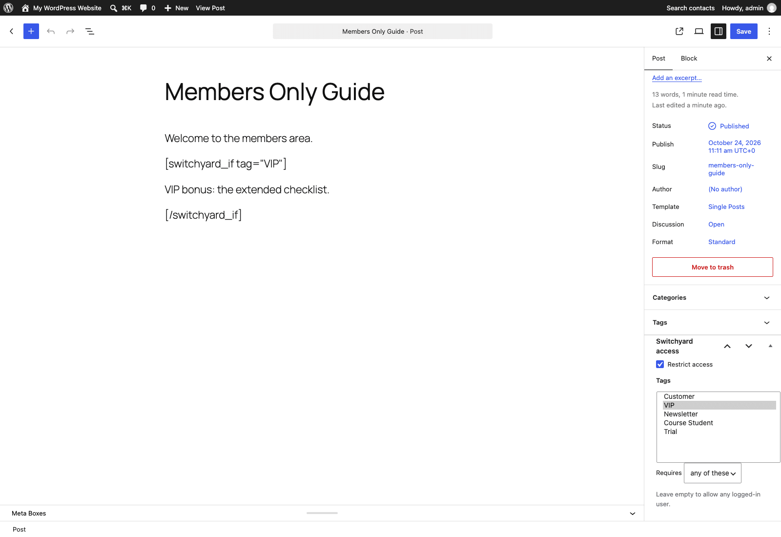 The Switchyard access box in the WordPress editor sidebar with Restrict access ticked and the VIP tag selected