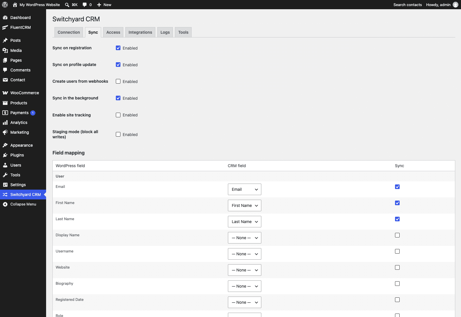 The Sync tab of Switchyard CRM with sync options and the field mapping table
