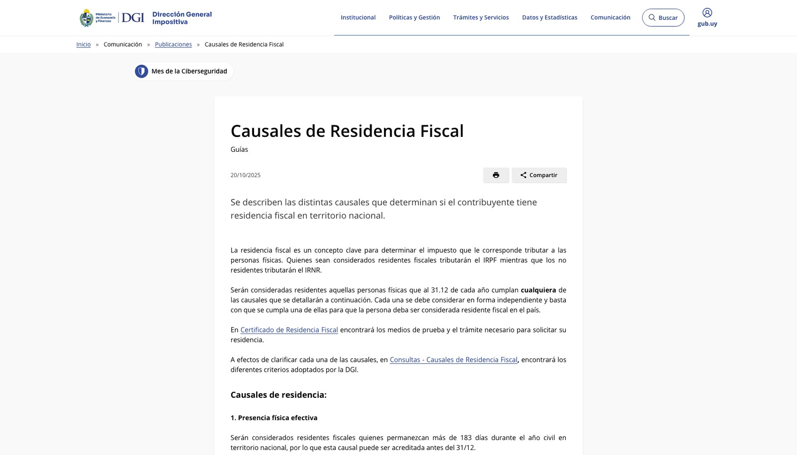 Tax residency criteria on the website of Uruguay’s tax authority (DGI)