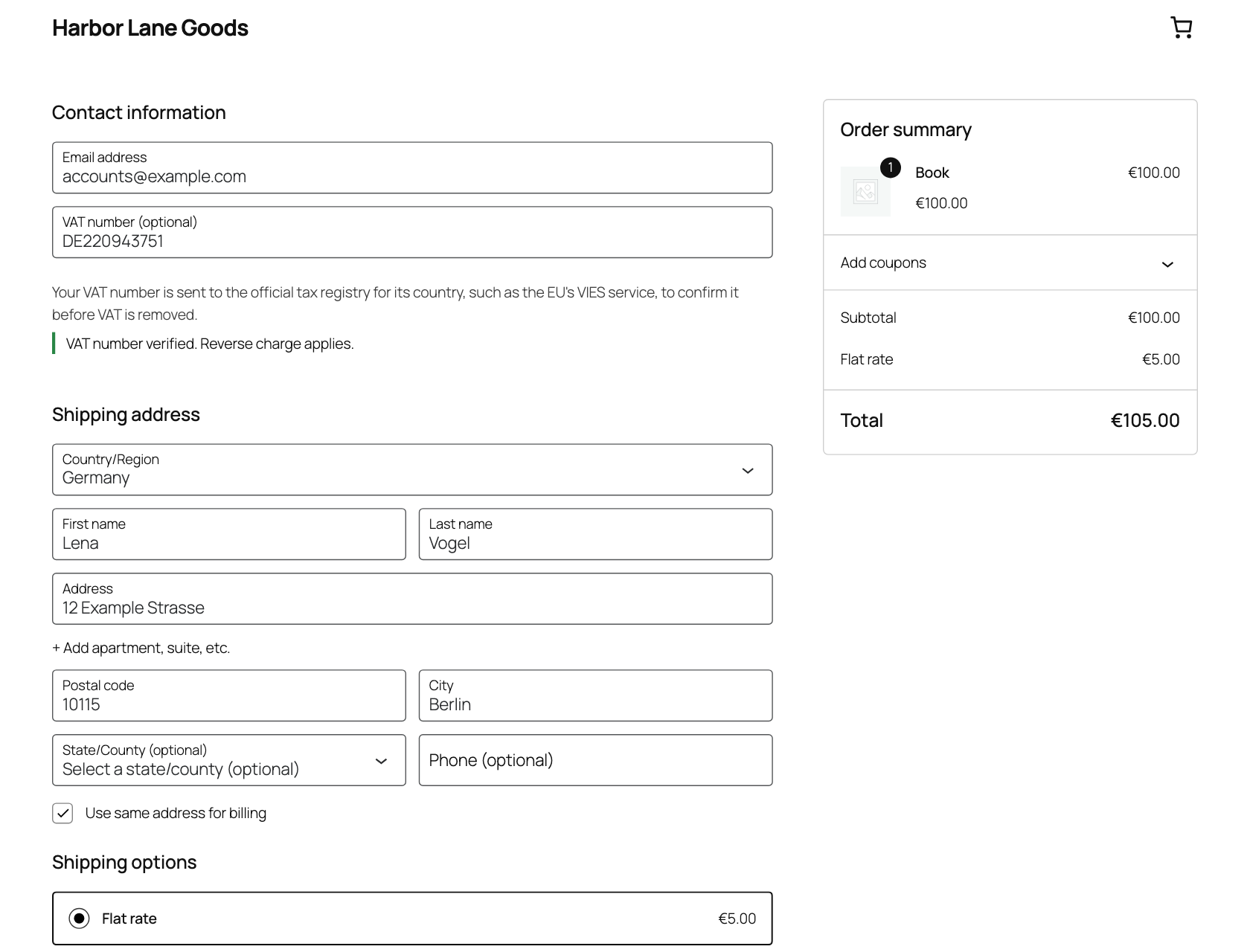 The WooCommerce block checkout with a VAT number field and the message that the number is verified and reverse charge applies
