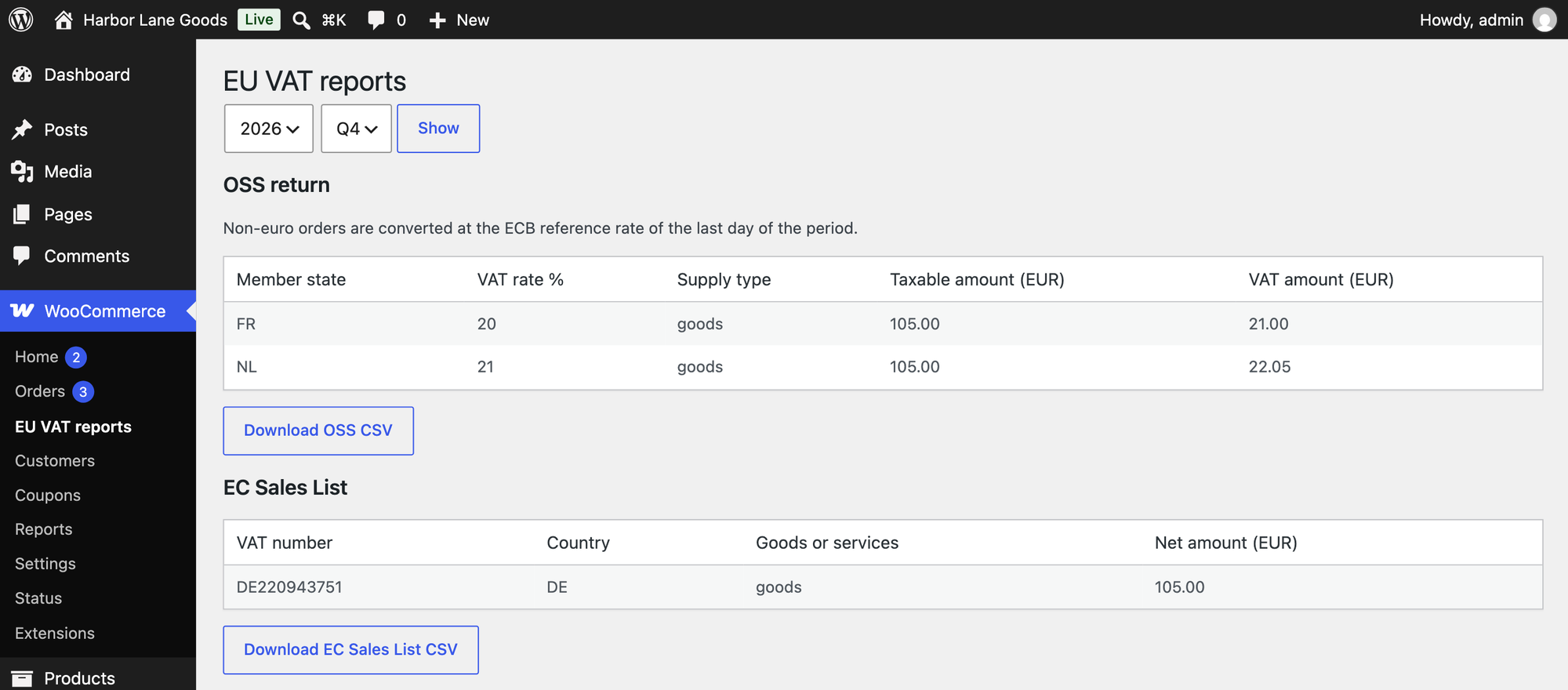 The EU VAT reports screen with an OSS return table by member state and an EC Sales List table by customer VAT number