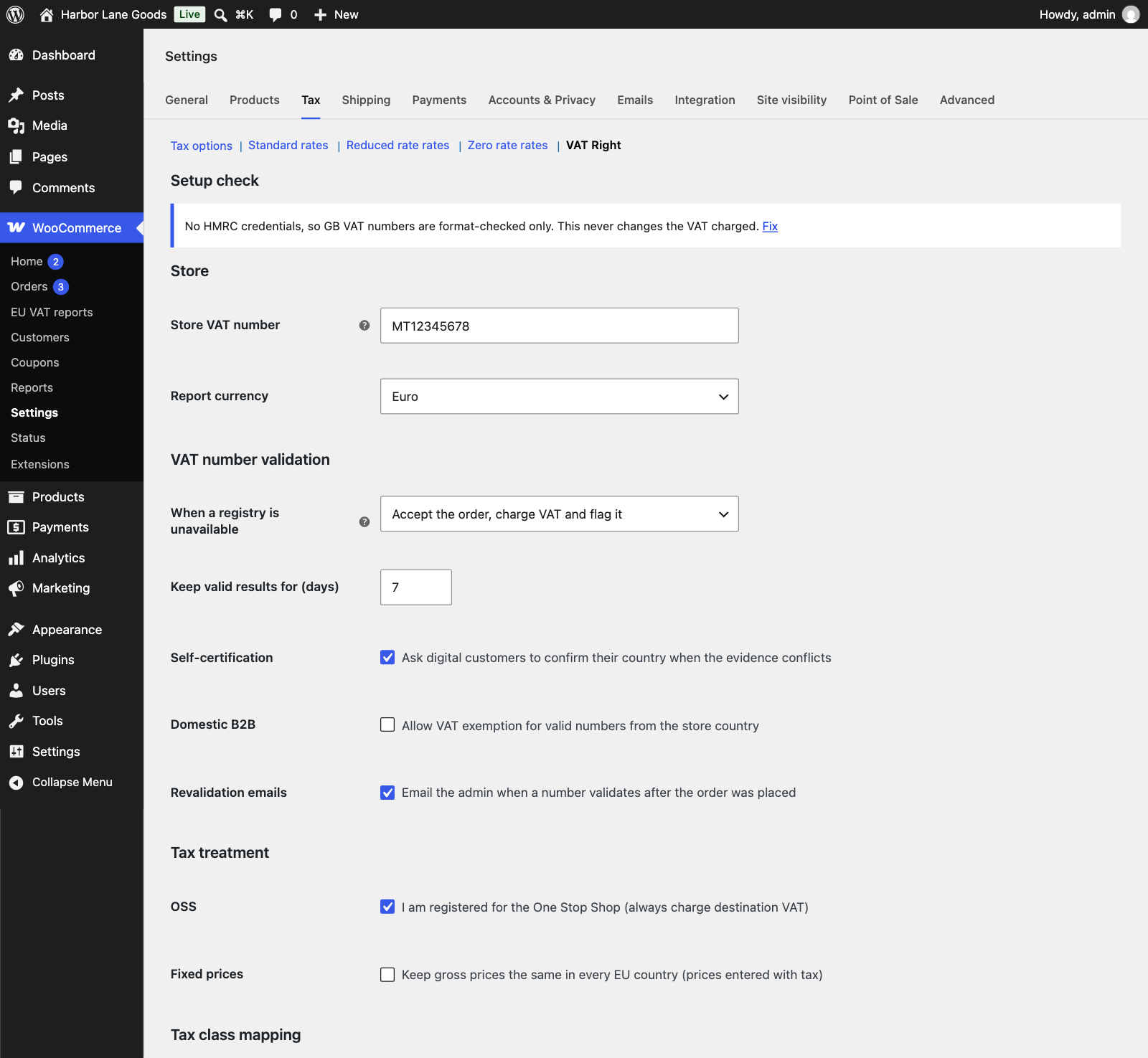 The VAT Right section under WooCommerce Tax settings with the setup check, store VAT number, registry outage setting and OSS option