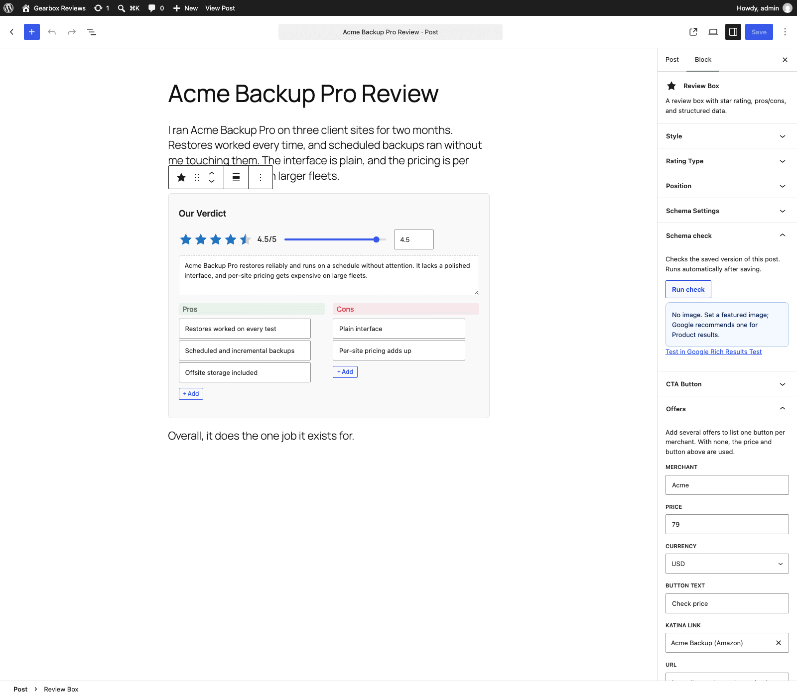 The Review Box block in the WordPress block editor with the Schema check and Offers panels open in the sidebar