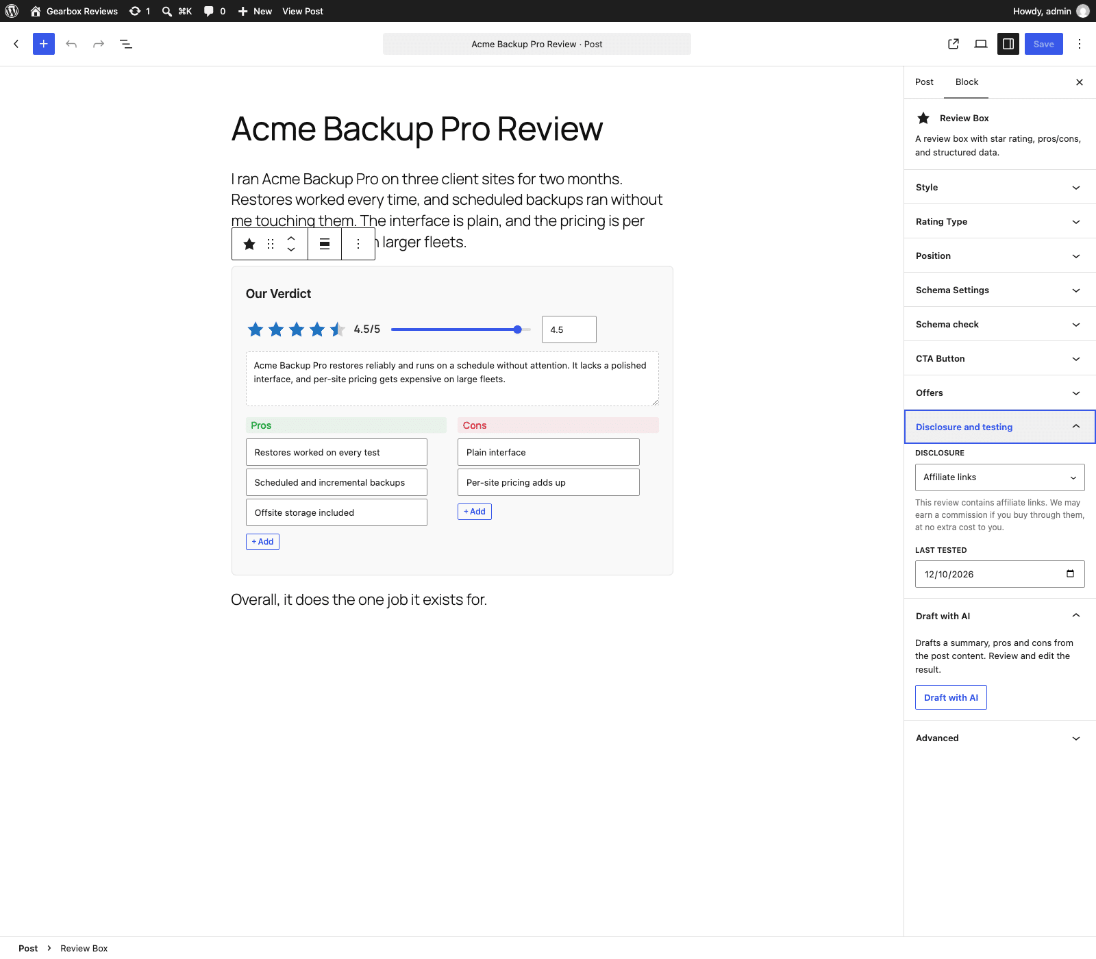 The Disclosure and testing and Draft with AI panels in the Review Box block sidebar