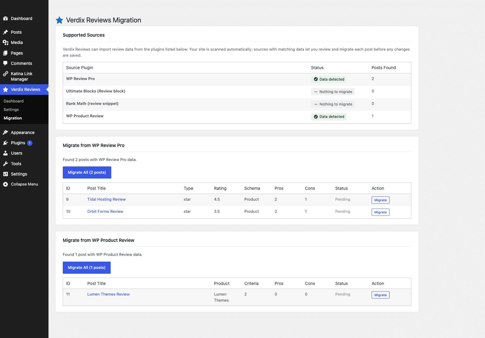 The Verdix Reviews Migration screen listing WP Review Pro and WP Product Review posts ready to migrate