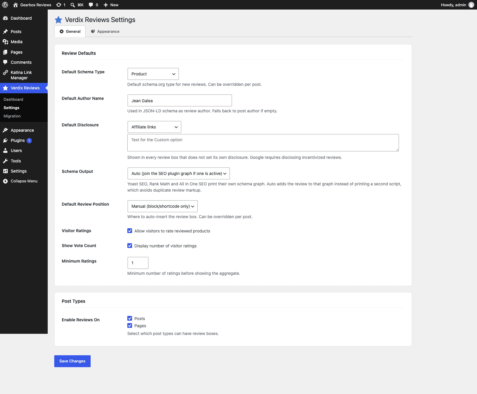 The Verdix Reviews Settings page, General tab, with schema, disclosure, position and visitor rating fields