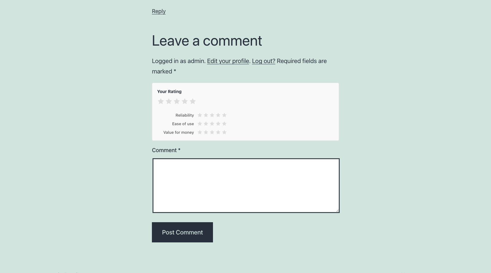 The Pro visitor rating form above the comment box, with a Your Rating star row and one row per criterion